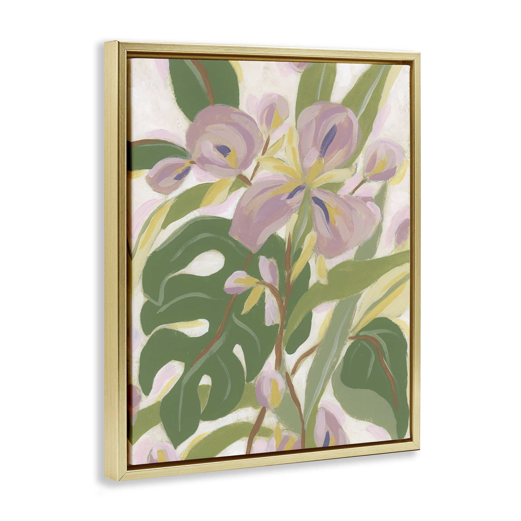 Stupell Industries Monstera & Pink Flower Plants & Flowers Painting Gold Floater Framed Canvas Art Print Wall Art, 17 x 21