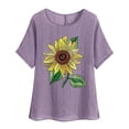 thumbnail image 3 of Feancey Womens Casual Tops Short Sleeve Linen Blouse Summer Boho Floral Print T Shirts Side Slit Loose Crewneck Tee Vintage Beach Vacation Tshirt Daily Clearance Sale Purple XXL, 3 of 5