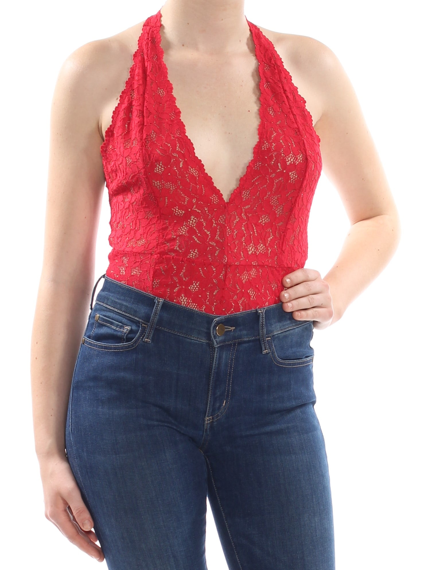Free People FREE PEOPLE Womens Red Low Cut Lace Sleeveless V Neck