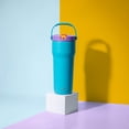 thumbnail image 3 of Zak Designs Sutton Travel Tumbler for On the Go, 30oz Stainless Steel with Vacuum Insulation, Straw Spout, Carry Handle for Cold Drinks (Turquoise), 3 of 4