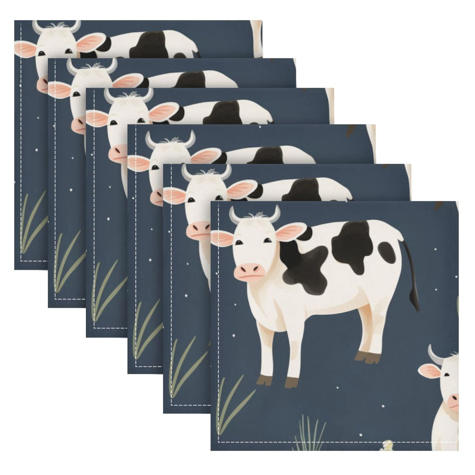 JSTEL Cute Cow Cloth Napkins Set of 6, 20x20 Inch Washable and Reusable Napkin for Decoupage Dinner Party Everyday Use