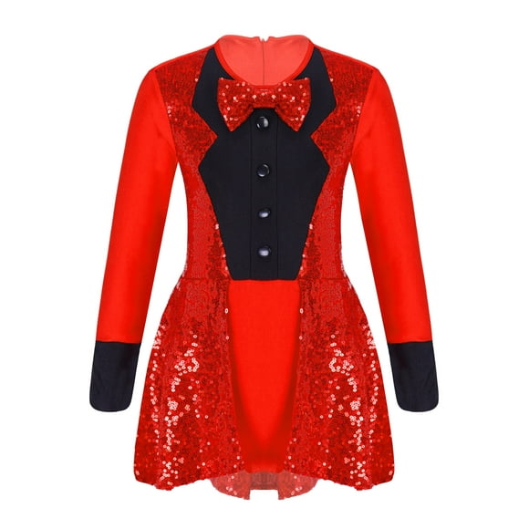 TSSOE Girls Sparkly Magician Costume Long Sleeve Magic Dance Leotard Circus Ringmaster Costume Performance Dancewear Red 4