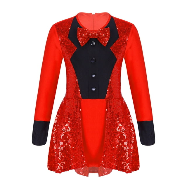 iixpin Costume de Maître de Cirque pour Filles, Justaucorps de Danse Moderne à Sequins, Robe à Manches Longues avec Nœud Papillon, Veste de Smoking Rouge 14