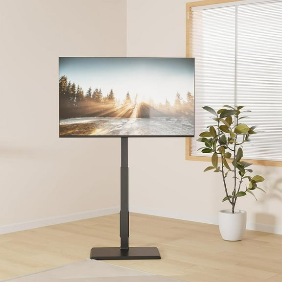 Floor TV Stand with Power Outlet, Tall TV Stand Mount for 32-75 inch TV up to 110 lbs, Swivel and Height Adjustable TV Stands with Wood Base for Bedroom, Office(TVDVD-7P), Black