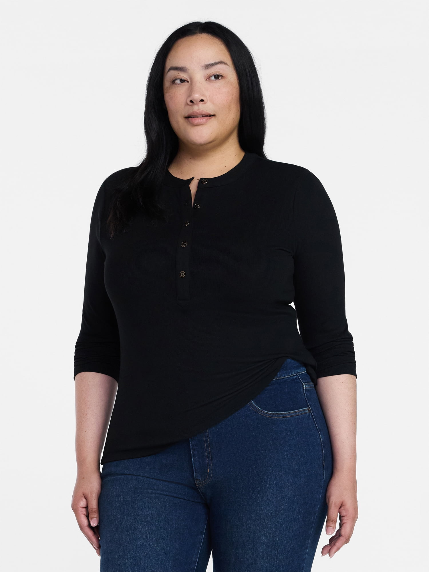 Time and Tru Women's Ribbed Henley with Long Sleeves, Sizes XS-XXXL