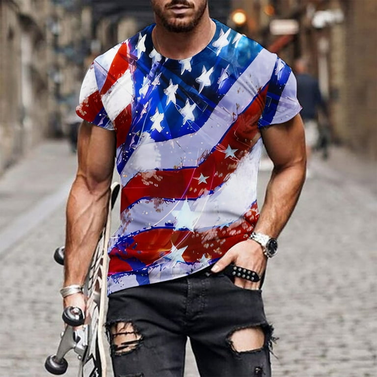 HAPIMO Men's Slim Fit Tops Clothing Short Sleeve Shirts Crew Neck Pullover  July 4Th Sports Sale USA Flag Print Tees Fashion Summer Blue XXL