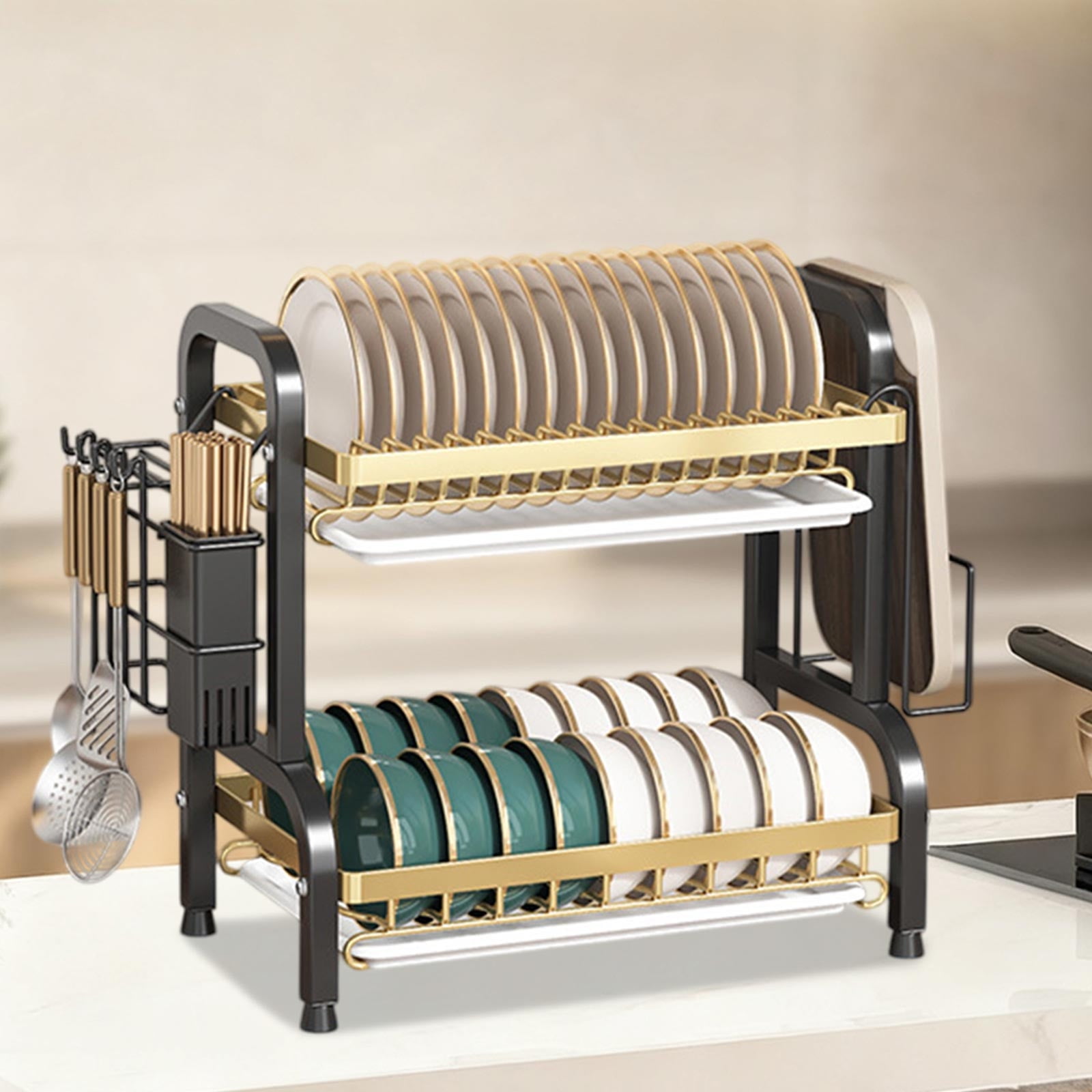 Dish Drying Rack, 2-Tier Dish Racks for Kitchen Counter with Carbon Steel Dishwasher Rack , Sturdy Dish Drainer with Knife, Fork & Plate Rack | Space - Saving Drying Rack Kitchen Gadget