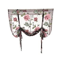 Liftable Boho Floral Print Sheer Roman Tie Up Valance Curtains Shades Voile Tulle Balloon Drapes for Small Kitchen Bedroom Windows