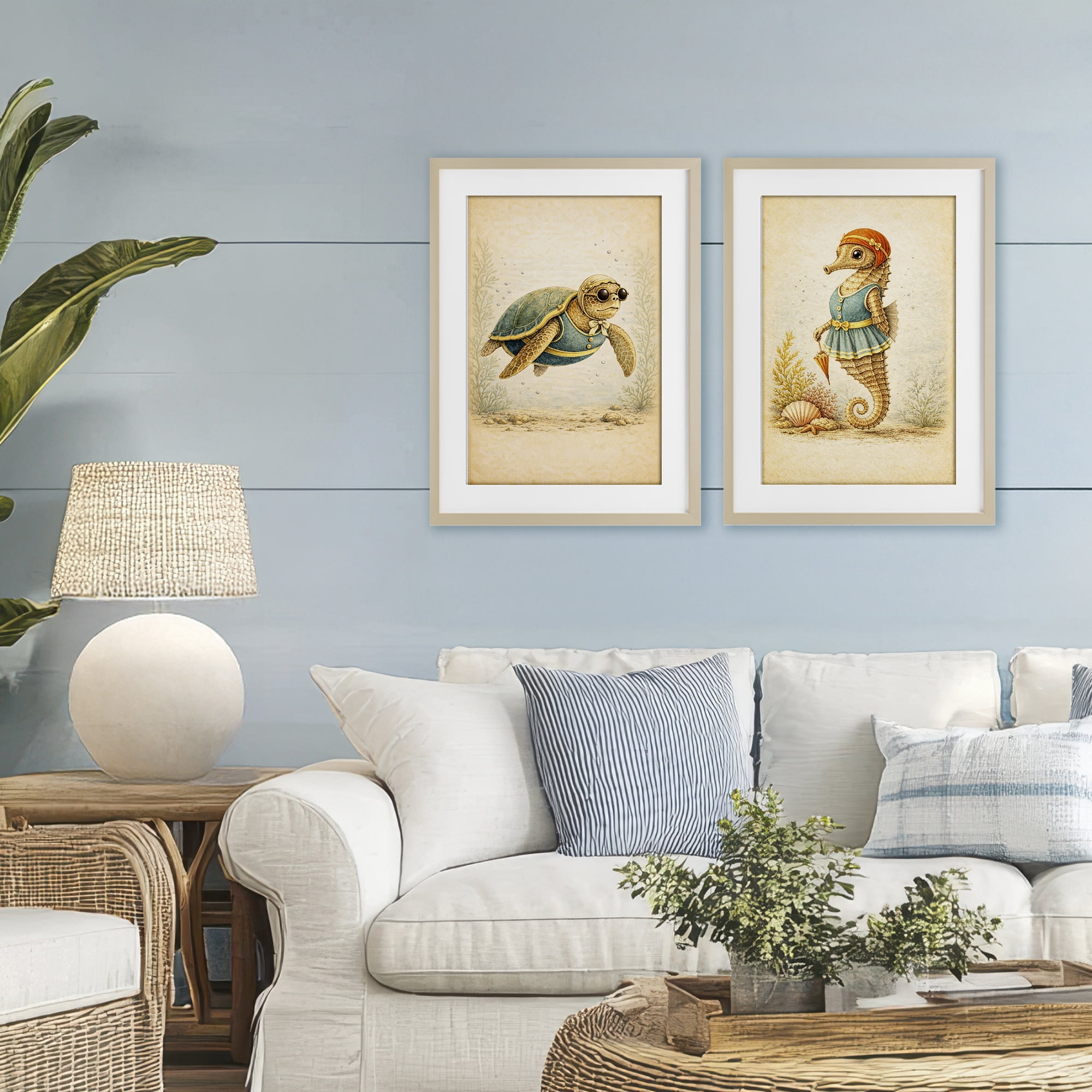 Stupell Industries Vintage Maritime Bathing Animals 2 Piece Birch Framed Print Under Glass Set, design by Grotto Studios