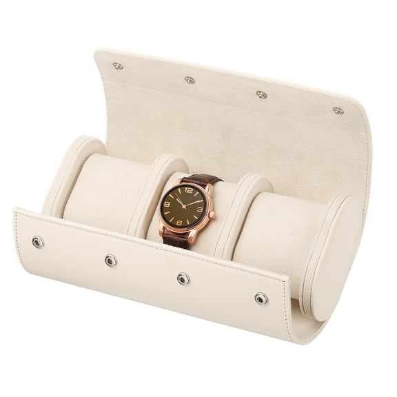 3 Slots Leather Watch Travel Case Watch Roll Storage Box with Removable Pillow Jewelry Gift Organizer for Christmas Anniversary Birthday, White