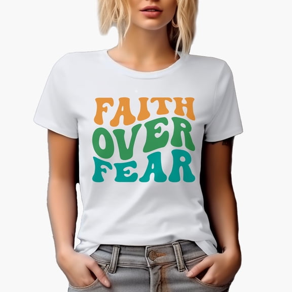 Faith Over Fear, Groovy Retro Wavy Text Merch Gift, White T-Shirt, Small