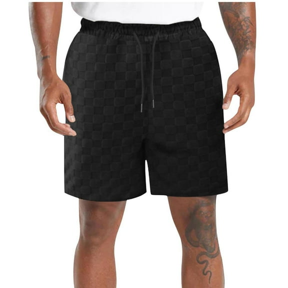 MIUOWANP Men's Drawstring Elastic Waist Sport Shorts with Pockets Chessboard Print Quick-Dry Beach Half Pants Size L(6)Black