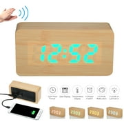 USB/Battery Operated Digital 115-Color RGB LED Alarm Clock Time/Temperature/Date Display 3-Level Brightness Voice Control Snooze Alarm Clock with Two USB Ports--Natural Wood