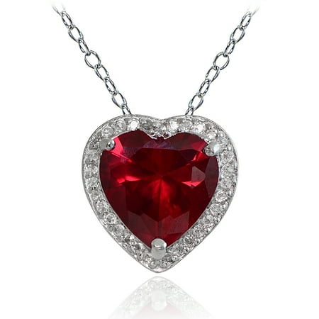 - Sterling Silver 4.15ct Created Ruby and White Topaz Heart Necklace