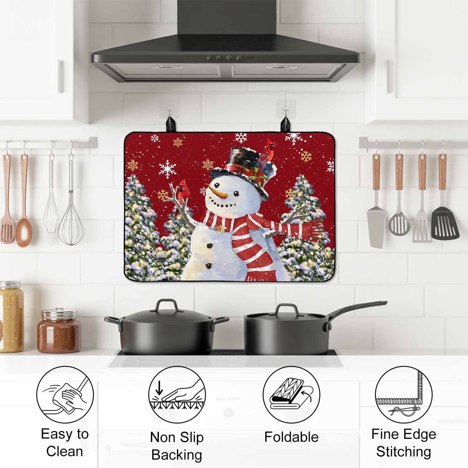 Red Snowman Stove Top Cover for Electric Stove, Heat-proof & Non Slip Glass Top Stove Cover Protector, Christmas Tree Snowflake Winter Holiday Kitchen Flat Cooktop Rubber Mat 24x21 Inches