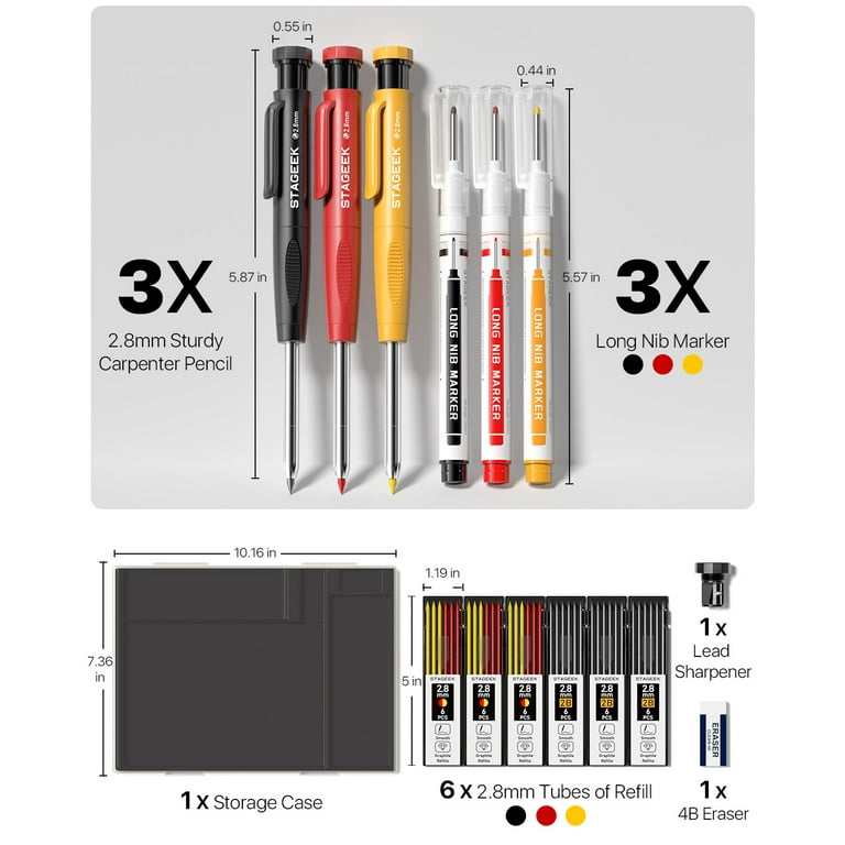 STAGEEK 3PCS Carpenter Pencils with Sharpener, Heavy Duty