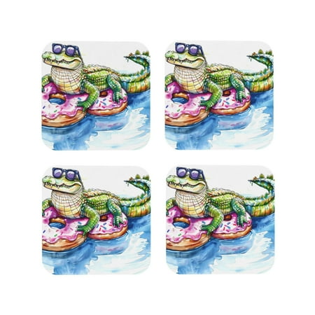 

Fuzoiu Alligator Donut Pool Float Print Leather Coasters Set Drink Coasters Set of 4 for Tabletop Protection Durable PVC Coasters Home Décor and Housewarming Gift-Square