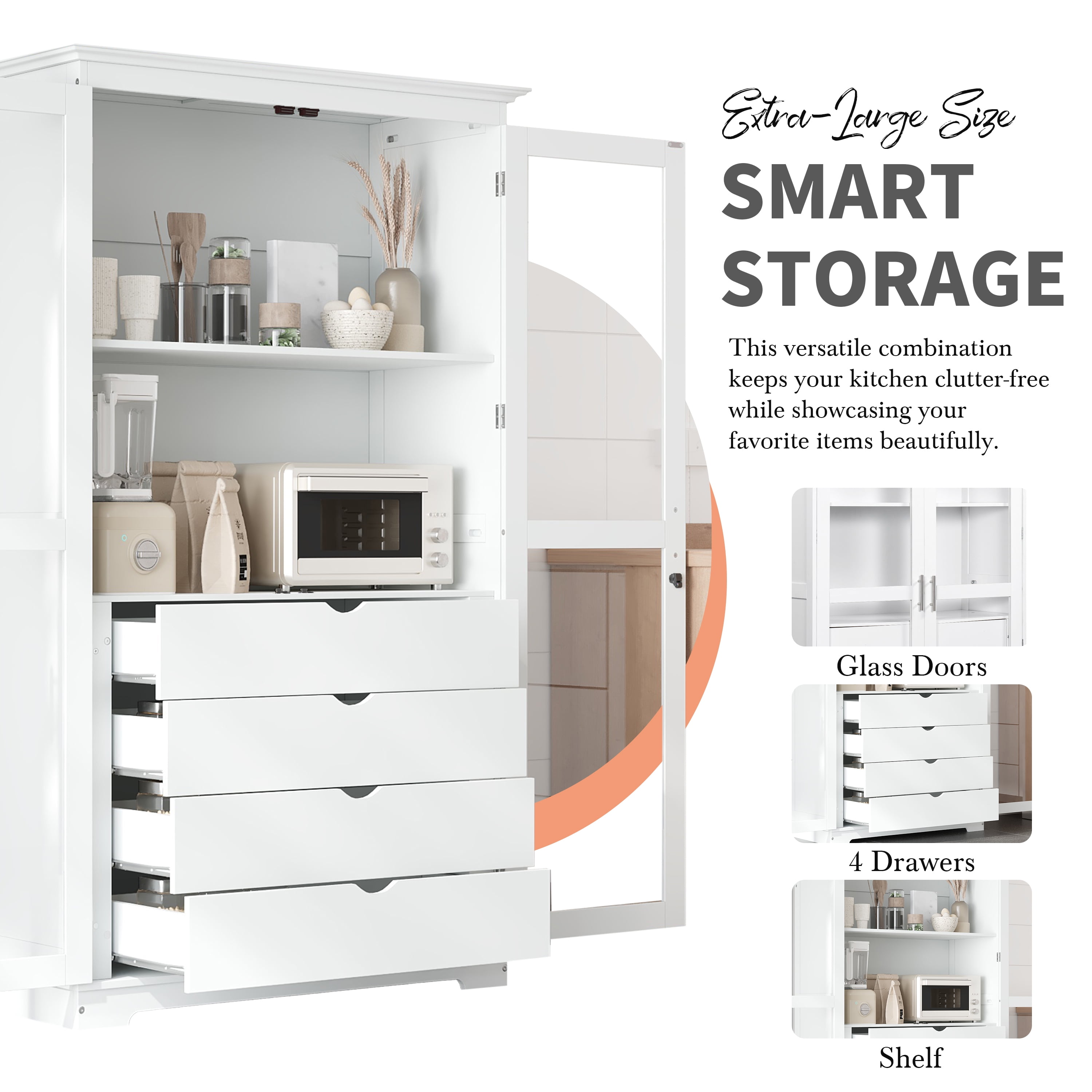 Harper & Bright Designs Farmhouse Kitchen Pantry Cabinet with Microwave Shelf, Tall Kitchen Storage Cabinet with Glass Door, Freestanding Hutch with 4 Built-in Drawers, 75", White