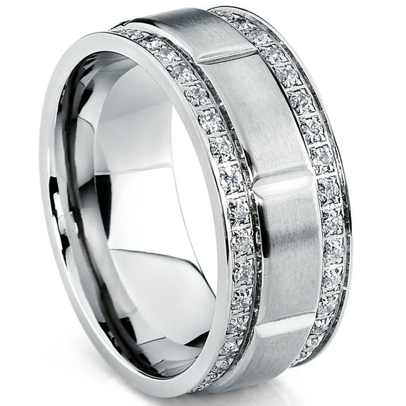 Men's Titanium Wedding Band Ring with Double Row Cubic Zirconia, Comfort Fit Sizes, 9MM 14