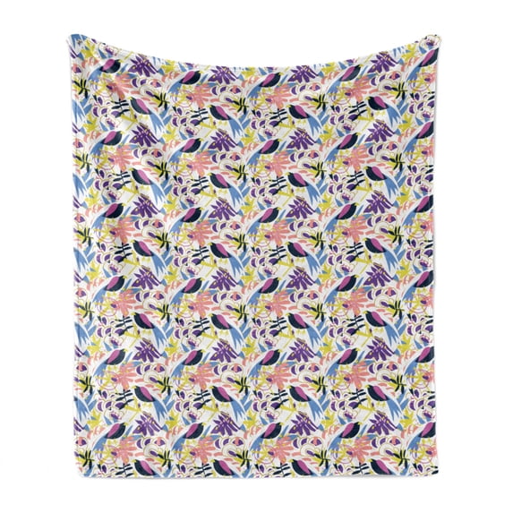 Floral Soft Flannel Fleece Throw Blanket, Tropical Botany Leaves Flowers Scandinavian Pattern, Cozy Plush for Indoor and Outdoor Use, 70" x 90", Multicolor, by Ambesonne