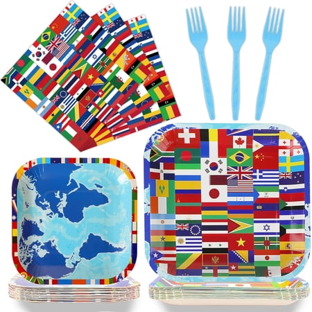 SHIYOU-96 Pcs International World Flags Plates and Napkins Party Supplies Travel Trip Around the Globe Tableware Set Retirement Party Decorations Favors for Birthday Baby Shower Serves 24