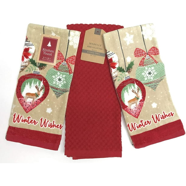 Lodge Cabin Christmas Kitchen Towels Decorated Ornaments With Pine Snow Holly And Berries Beige Red 3 Pc Set Walmart Com Walmart Com
