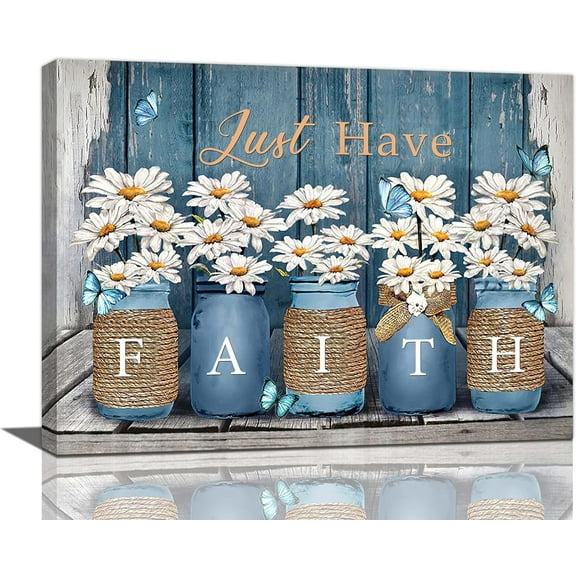Farmhouse Daisy Bathroom Wall Art Rustic Daisy Pictures Wall Decor Country Daisy Painting Canvas Prints Modern Artwork Framed Decoration for Home Bathroom Bedroom Living Room 16"x12"