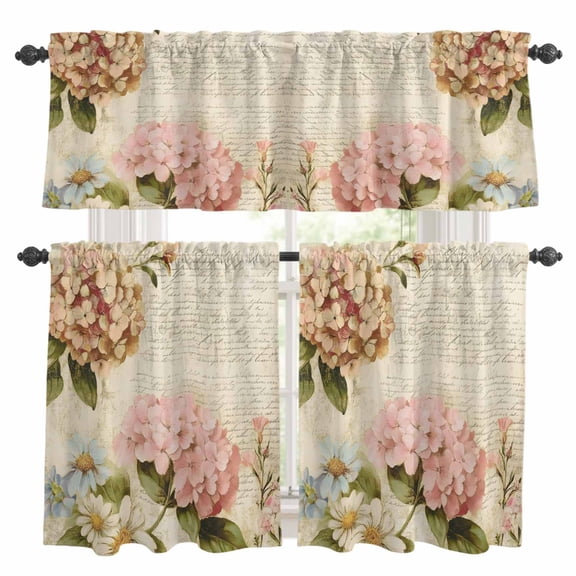 Pink Orange Hydrangea Kitchen Curtains Sets for Windows 24 Inch Length, Spring Vintage Botanical Flowers Rod Pocket Window Treatments Tier Curtains and Valances Set for Bedroom/Bathroom