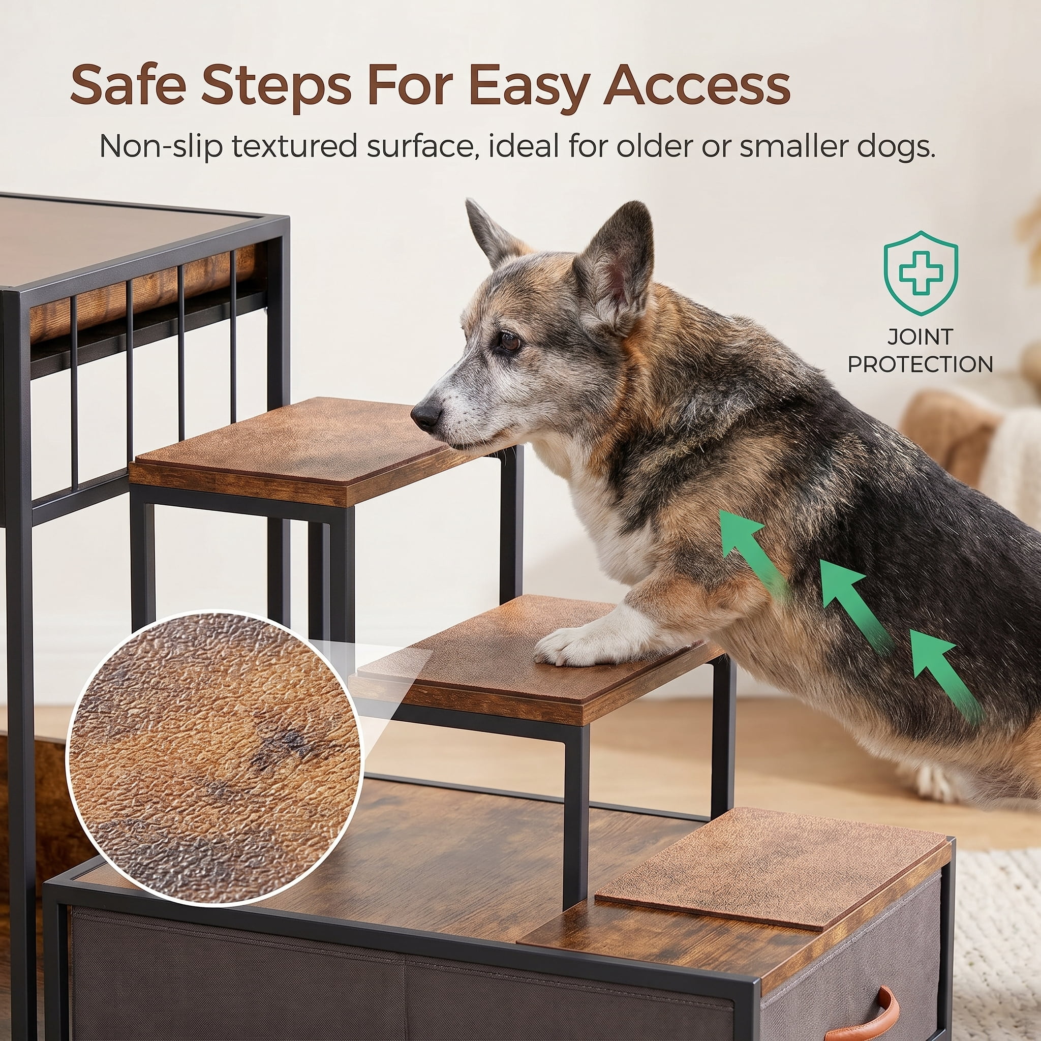 Pet Step Window Perch for Dogs and Cats, 47.2 in Multi-Level Bedside Pet Stairs with Storage Drawer, Non-Slip Pad, Vintage Brown