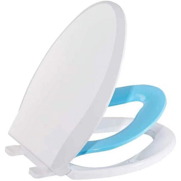 Elongated Toilet Seat with Integrated Potty Training Seat, Magnetic Kids Cover, Slow Close Feature, and Secure Fit for Adults and Toddlers (Blue)