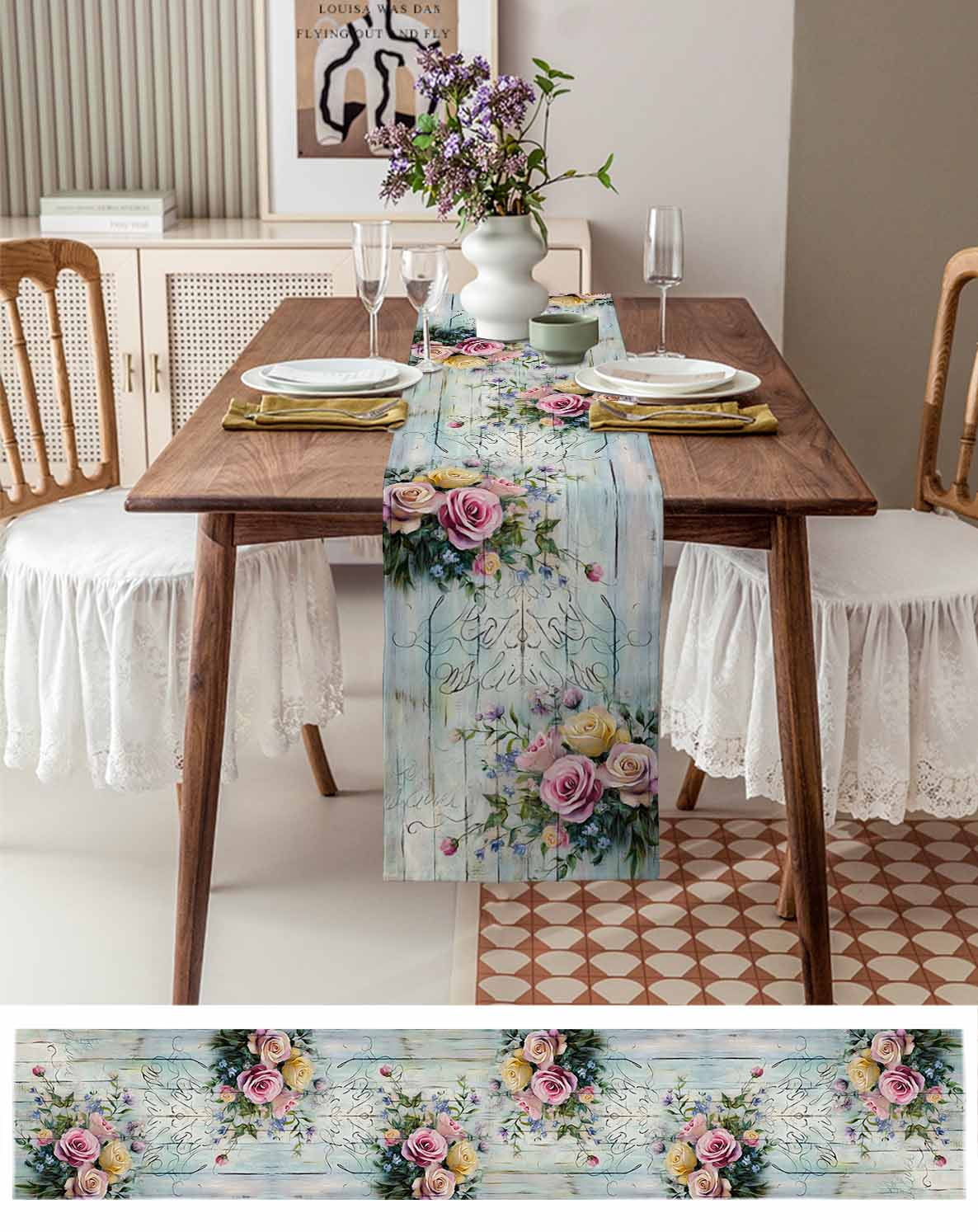 Hokiten Table Runners 120 Inches Long Dress Scarves, Spring Rose Farmhouse Coffee/Dining/Kitchen Table Runner for Living Room, Floral Leaves Botanical Rustic Wood Board 13x120 Inch