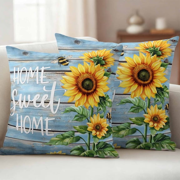 Pack of 2 Outdoor Pillow Covers 24x24 Inch Waterproof Spring Sunflower Throw Pillow Covers,Decorative Couch Pillow Shams Protectors Bee Wooden Grain Country Rustic Patio Pillowcases Cushion Covers