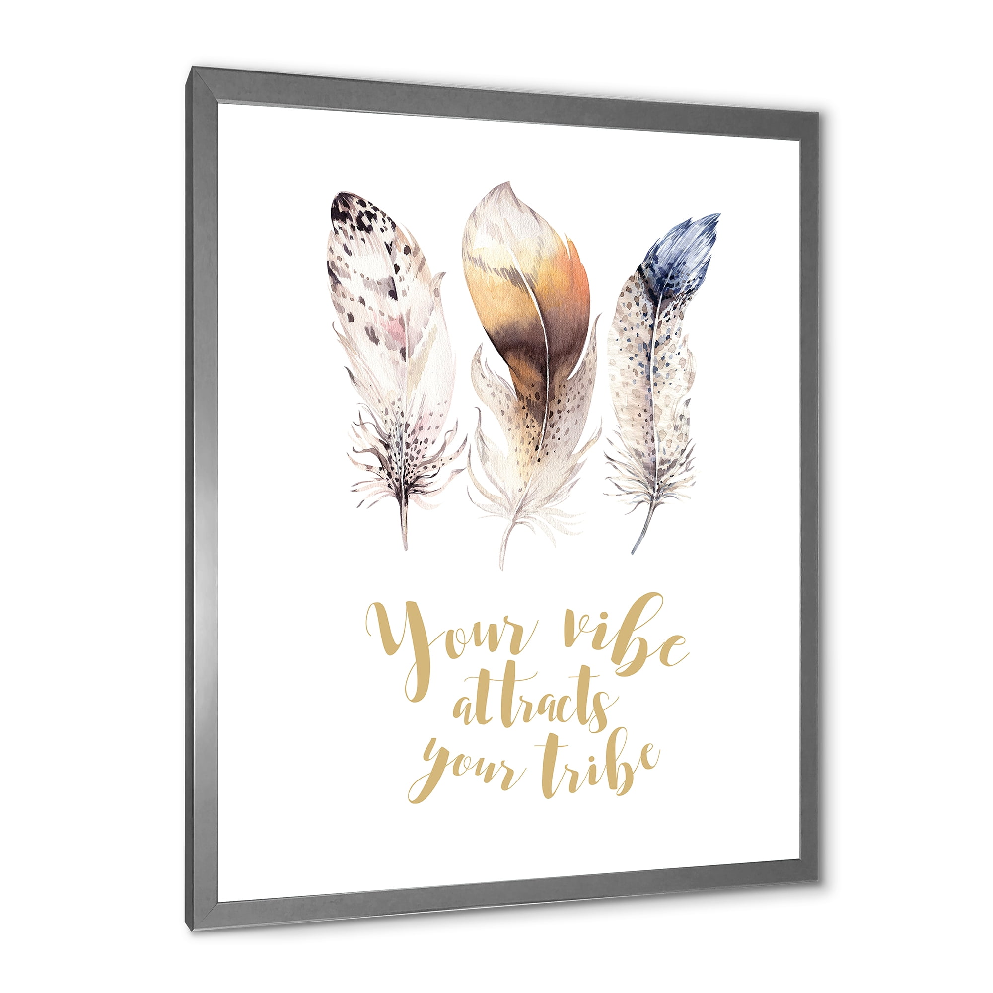 Multi-colored Ethnic Art Feathers With Inspiring Quote 12 in x 20 in Framed Painting Canvas Art Print, by Designart