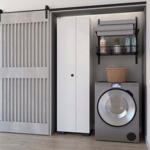 FM FURNITURE Aiken Broom Cabinet with Five Shelves Engineered Wood White