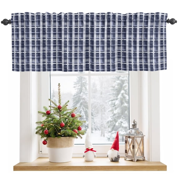 Blue Weave Pattern Light Filtering Valance Curtains, Minimalist Navy Blue Lines Checkered Rod Pocket Short Window Valance for Kitchen Bathroom Windows 1 Panel 42"x12"