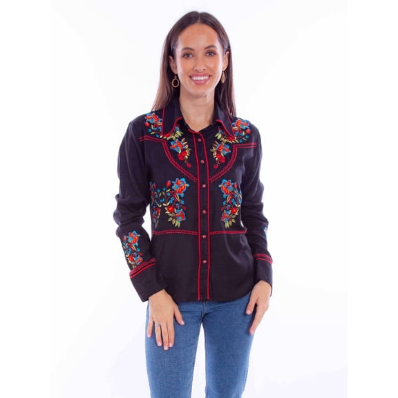 Scully HC868-BLR-M Womens Chain Stitch Floral 100 Percent Viscose Long Sleeve Shirt, Black & Red - Medium