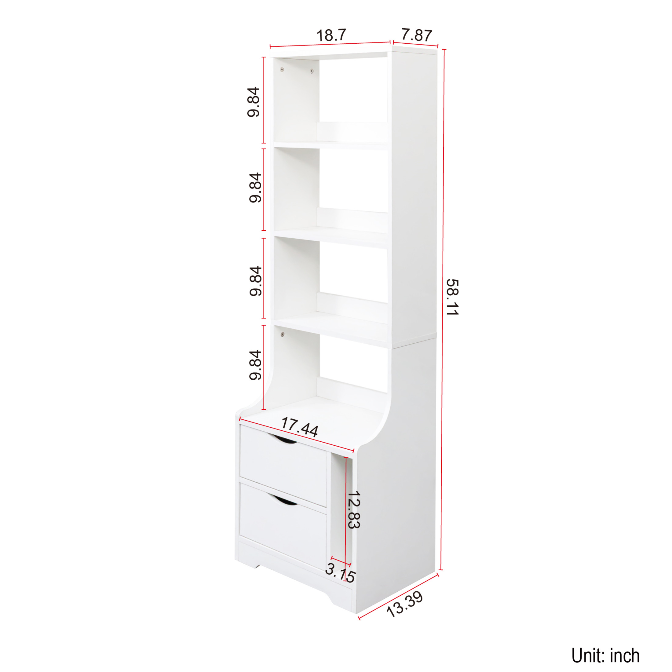 Noble House Savoy 58.11" Nightstand with Bookshelf, Drawers and 4-Tier Open Shelves, Vertical Storage Tower, White
