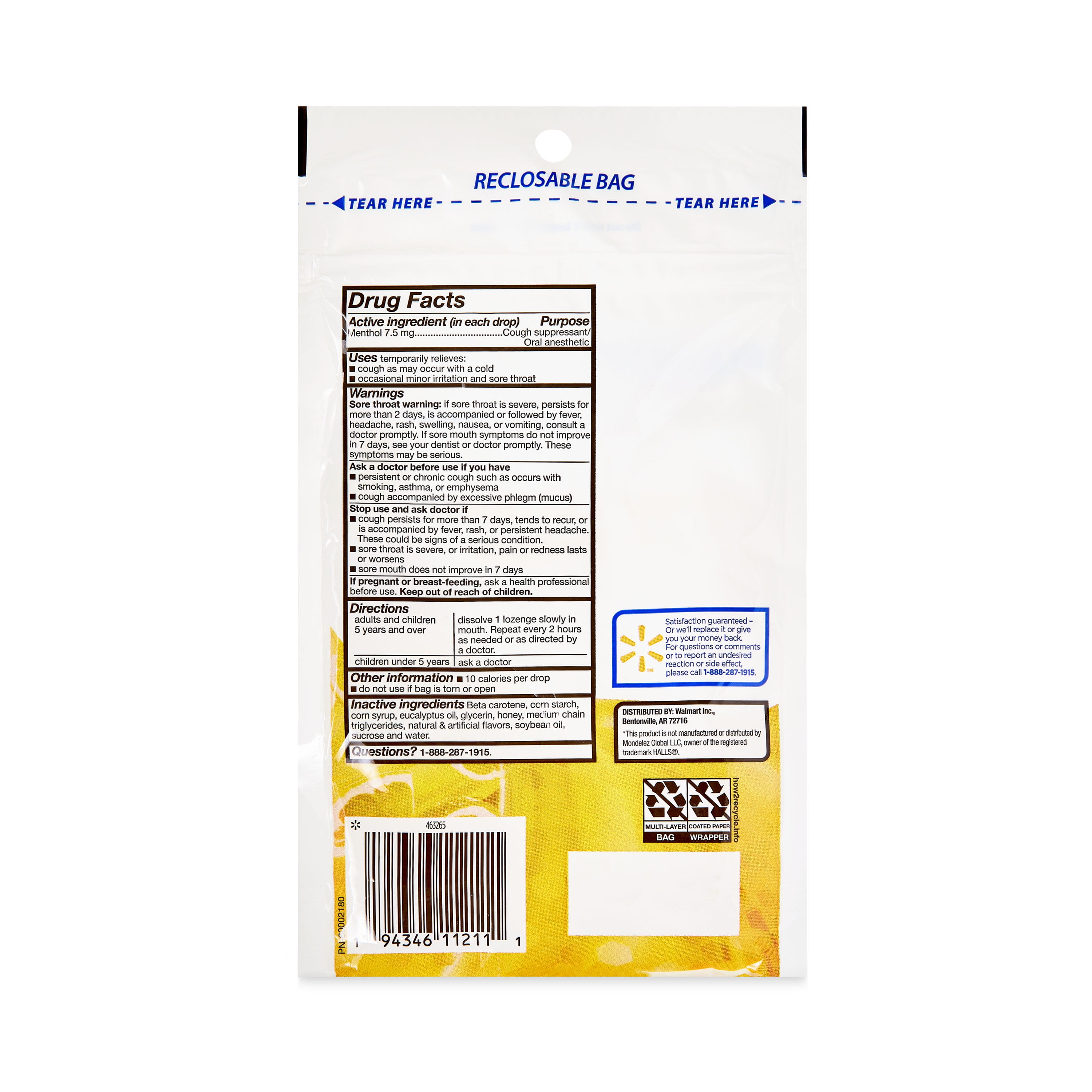 Equate Sore Throat and Cough Relief Menthol Cough Drops, Honey Lemon Flavor, 30 Count, Compare to HALLS® Honey Lemon Active Ingredient