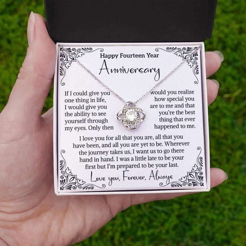14th Wedding Anniversary Wife Gold Jewelry Anniversary Gift Fourteenth Anniversary Gift 14 Year Anniversary Love Women, White Love Knot Necklace