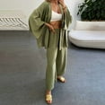 thumbnail image 3 of QUYUON Linen Sets Women 2 Piece Outfits Casual Long Sleeve Open Front Cardigan Wide Leg Pants Sets Solid Color Blouse Shirt and Long Pants Lounge Sets Matching Clothing Green XXL, 3 of 6