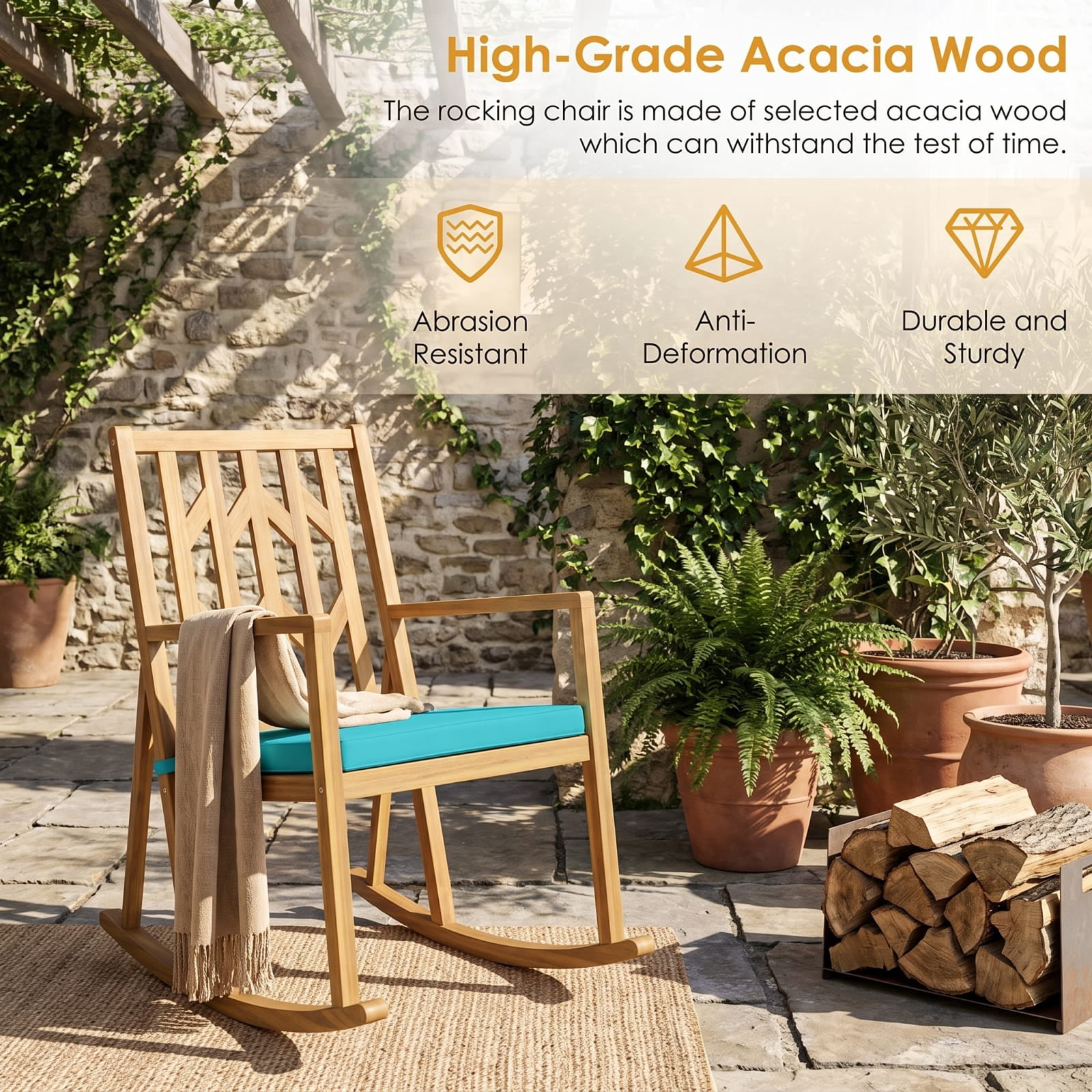 Furnibear Turquoise Outdoor Rocking Chair Acacia Wood for Porch Deck Balcony Holds 350 lbs Weather-Resistant Outdoor Furniture