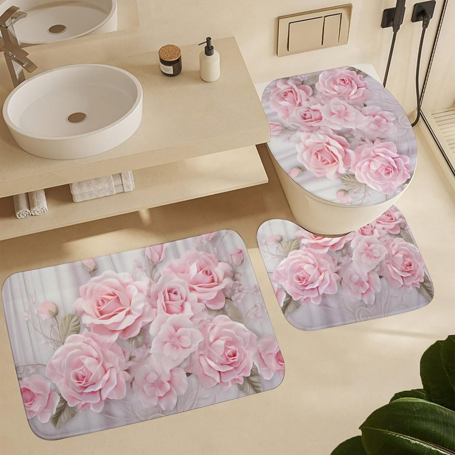 Pink Romantic Roses Shower Curtain 4 Piece Sets with Non-Slip Rugs,Toilet Lid Cover and Bath Mat Modern Flower Plants Floral Waterproof Shower Curtain with 12 Hooks Bathroom Set Home Decor