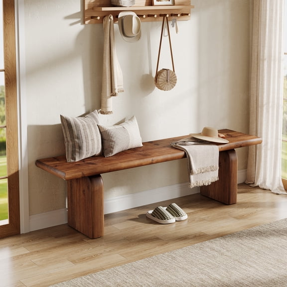 Finmind Solid Wood Entryway Bench, 62.99 Inch Farmhouse Indoor Wooden End of Bed Bench for Entryway, Hallway, Bedroom, Dining Room, Living Room, Rustic Brown