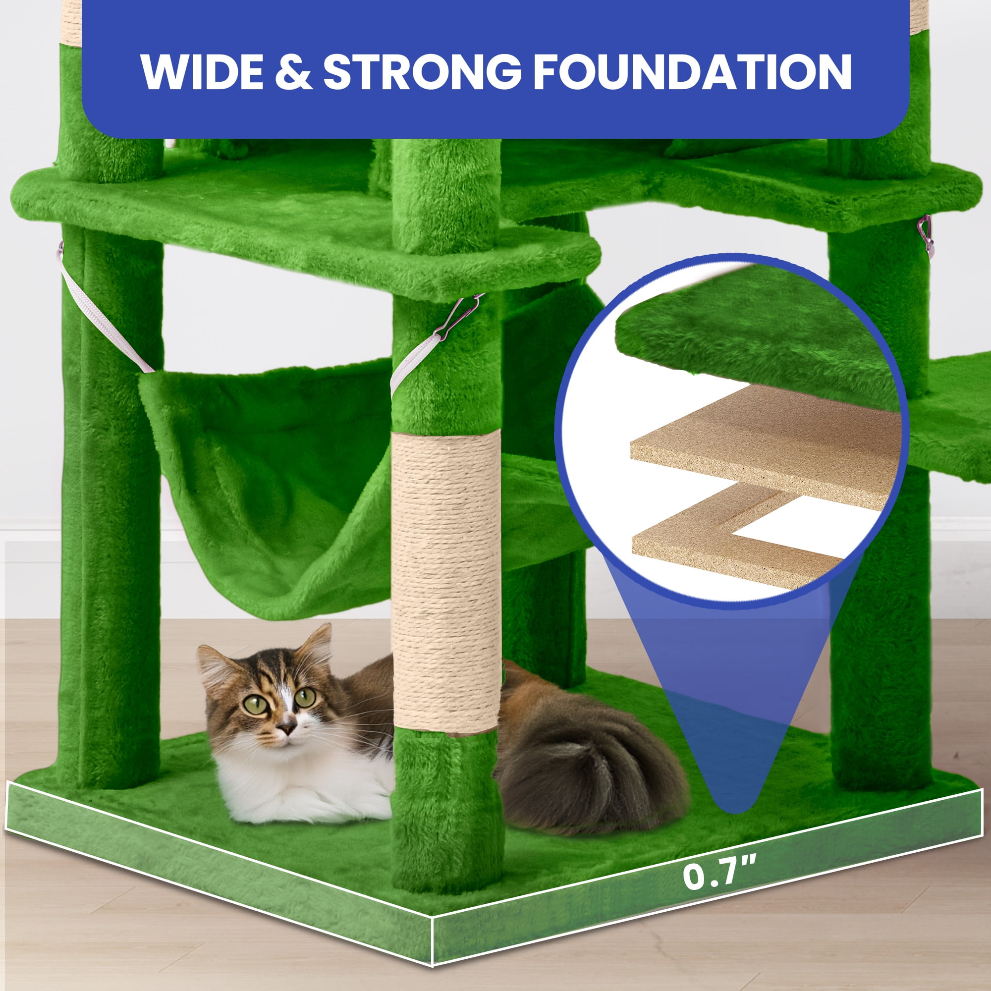 ModFusion 75" Tall Green Cat Tree Tower with Hammock, Playhouse & Scratching Posts for Indoor Cats