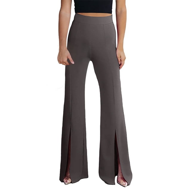 Pantalones informales de mujer de color liso con bajo asimétrico, cintura alta y pierna ancha, de poliéster y spandex, para el verano, la playa y el día a día.