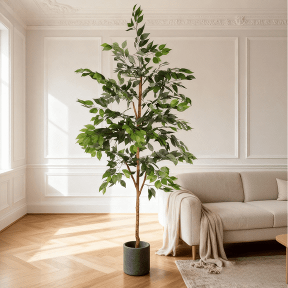 Artificial Ficus Tree 6FT, Faux Ficus Tree with Natural Wood Trunk, Fake Indoor Plant with Black Pot for Home Living Room Office Decor