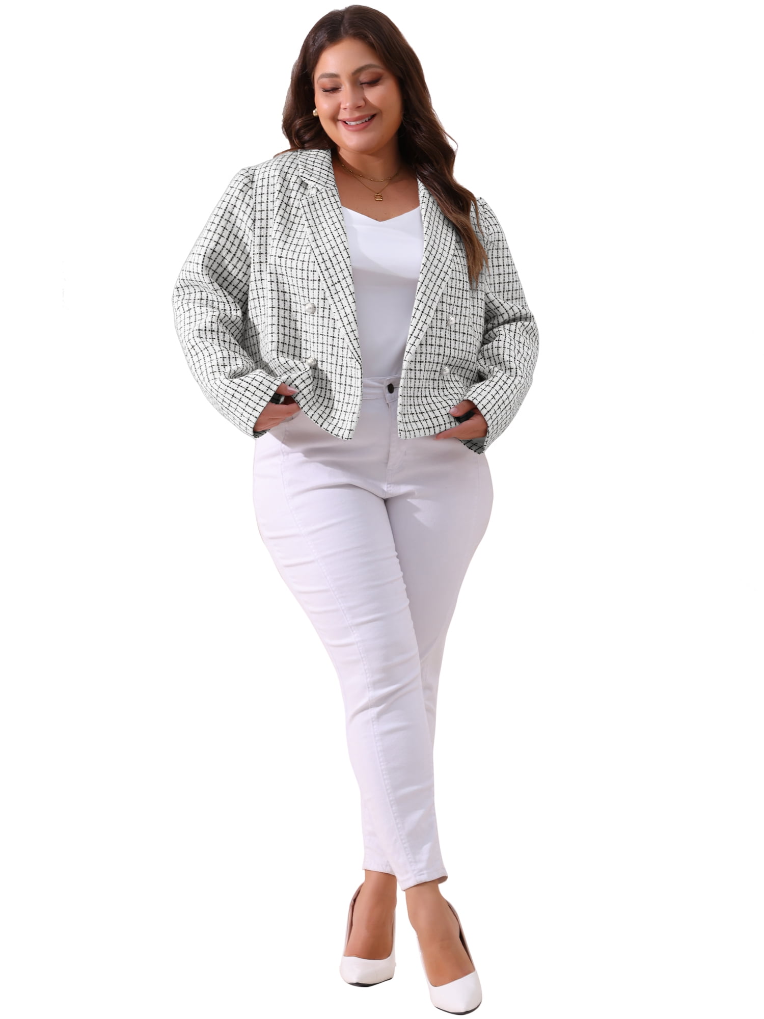 DARING DIVA Women's Plus Tweed Blazer Jacket Notched Lapel Business White 1X