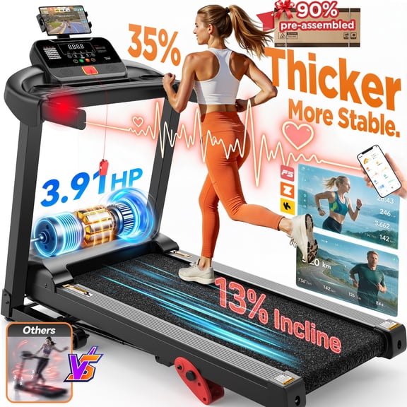 3.91HP Folding Electric Treadmill, 330lbs Capacity, 7.5MPH Portable Treadmill w/ 13% Incline for Running Walking Exercise, APP Control, 71 Programs, Treadmill for Home