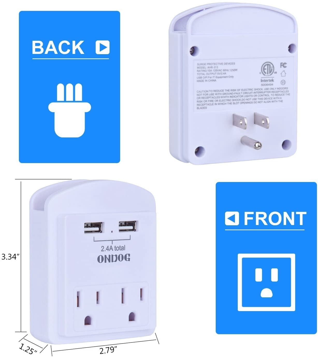 ONDOG 2-Pack Wall Charger, Small Surge Protector with 2 USB Ports, Top Phone Holder for Smart Phones, White