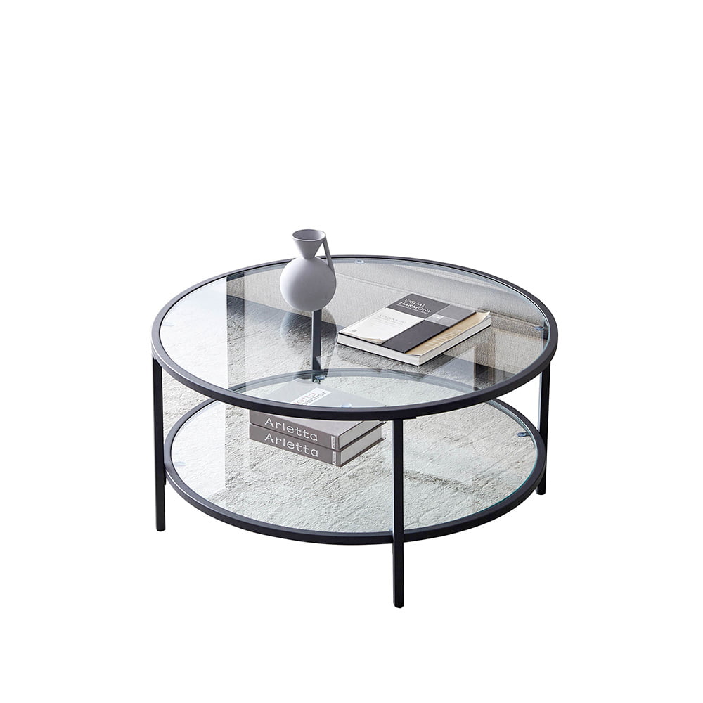 Modern 2 Tier Glass Top Coffee Table 36, Round Black Coffee Table With Glass Top